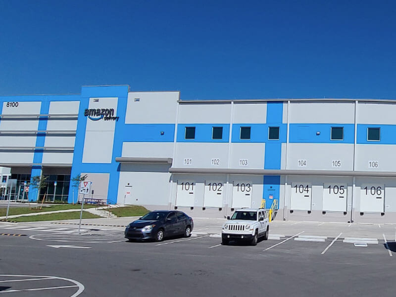 Blue and white Amazon distribution center in Lakeland Florida